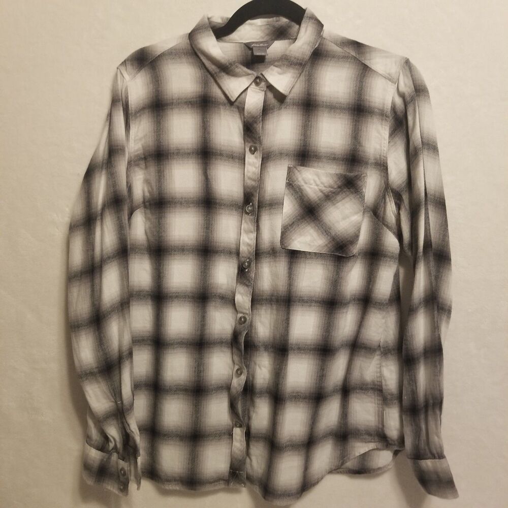 Eddie Bauer L Shirt Grey Plaid Flannel 100% Cotton Grunge 90s Classic Preppy